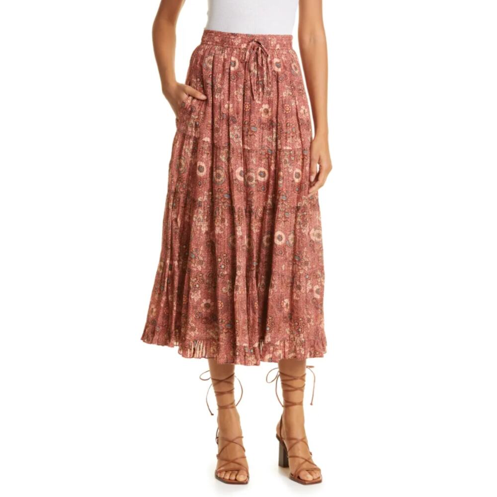 Ulla Johnson Midi Skirt Verity Tiered Floral Print Cotton Rosebud Peasant Size 2 - Picture 1 of 13